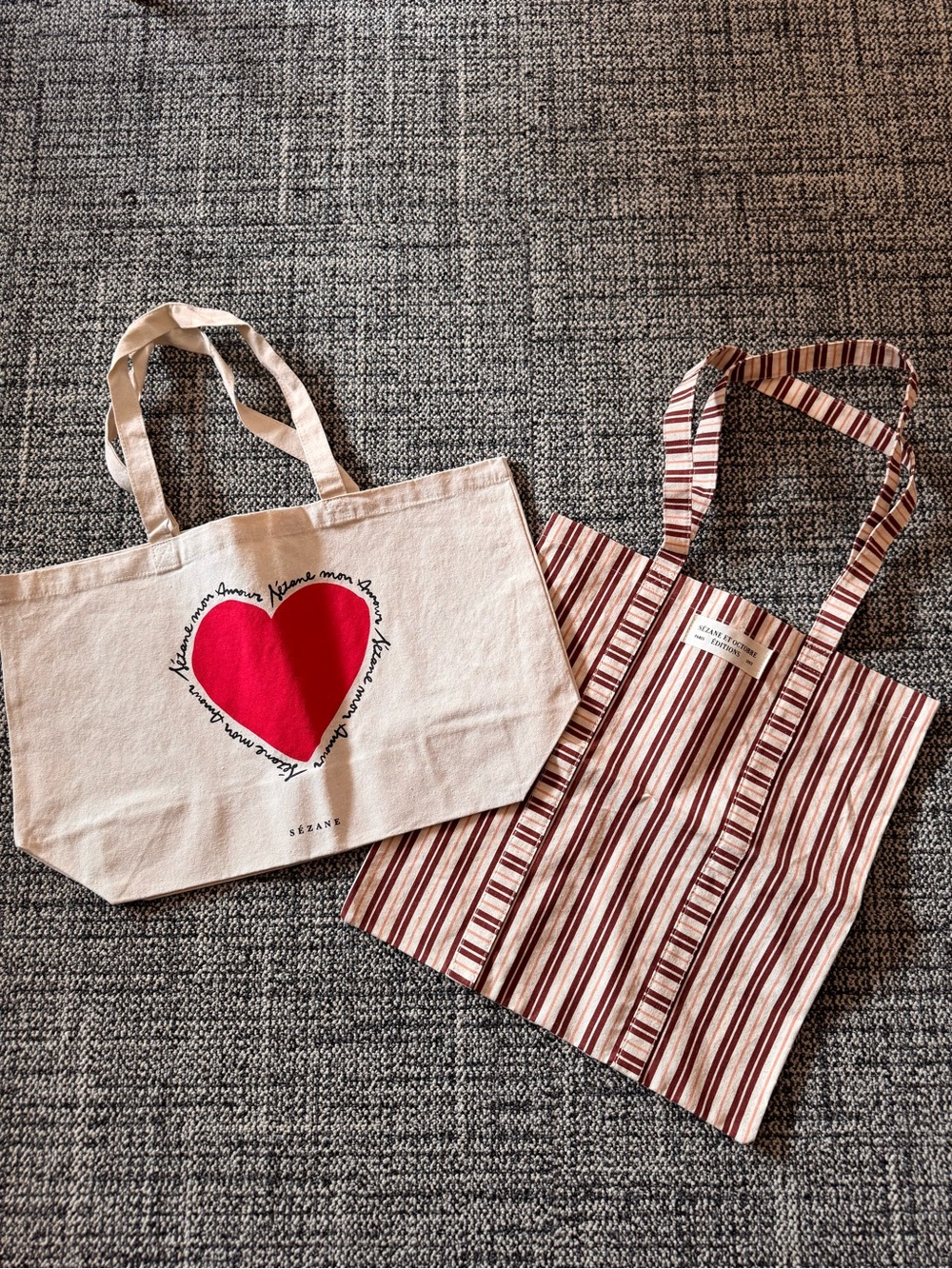 Sezane Set of 2 Canvas Totes - Mon Amour Heart & Striped Tote Set
